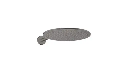 Duschkopf in rundem Design, mit einem einzelnen Wasserstrahl, montiert an einem kurzen, gebürsteten Schwarzen Chrom-Brausearm. Produkt von AXOR.
